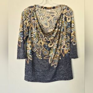 Anthro 9-H15 Stcl Boho Floral Cowl Neck Top L Blue Mustard